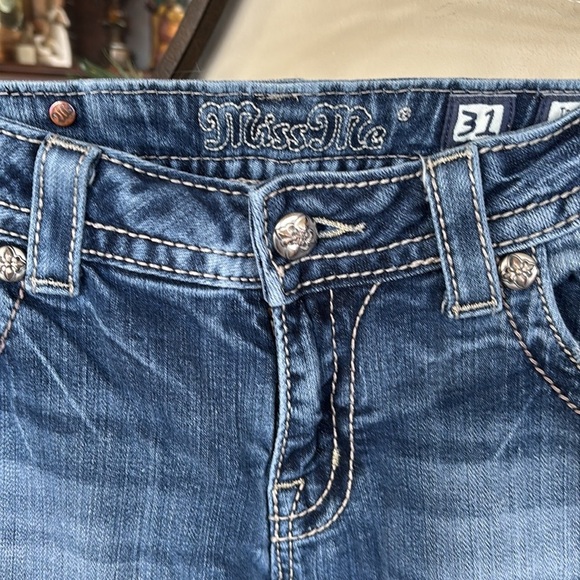 Miss Me Vintage Rhinestone Studded Y2K Mid Rise Bootcut Denim Washed Blue Jeans - Picture 8 of 16